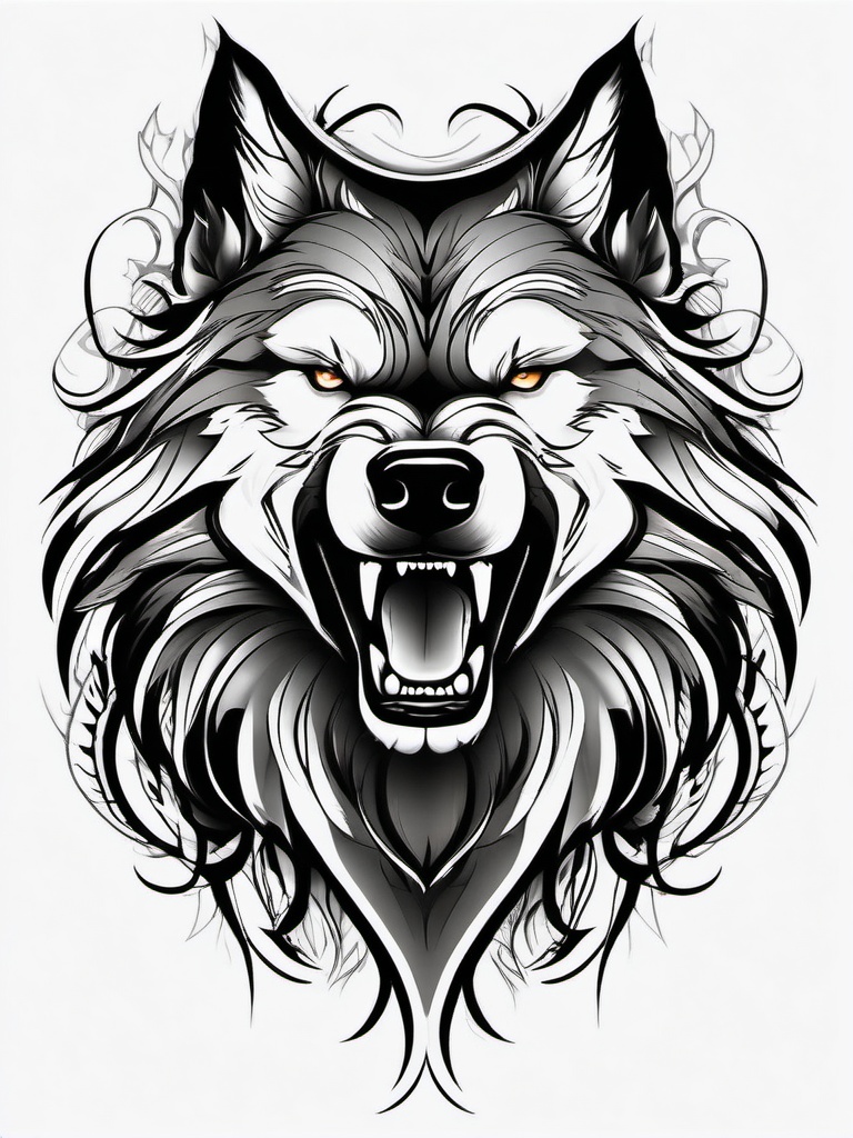 Wolf Growling Tattoo,wolf captured in a fierce growling pose, symbol of untamed strength and determination. , tattoo design, white clean background