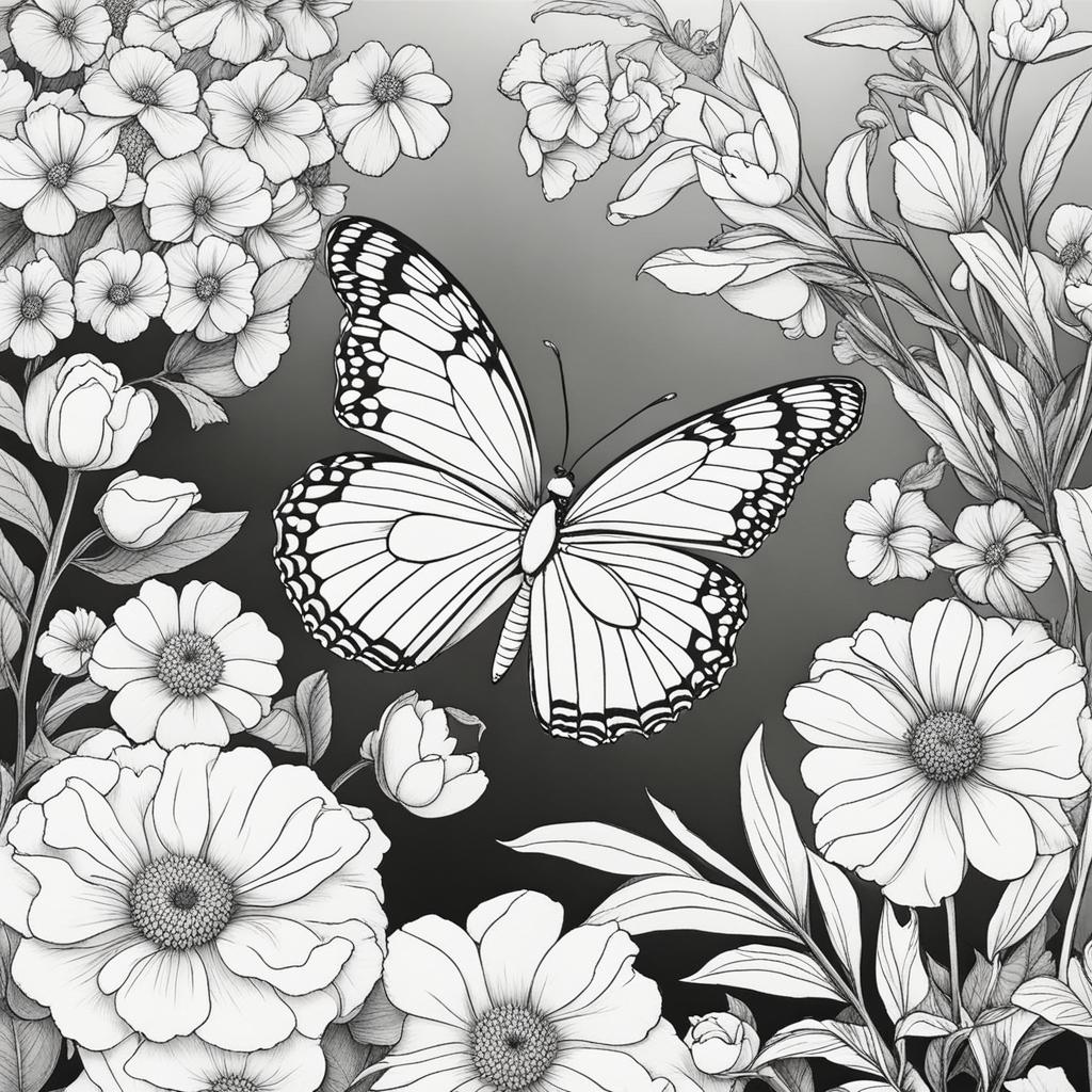 flower coloring pages - a butterfly flutters among colorful flowers in a sunny garden. 