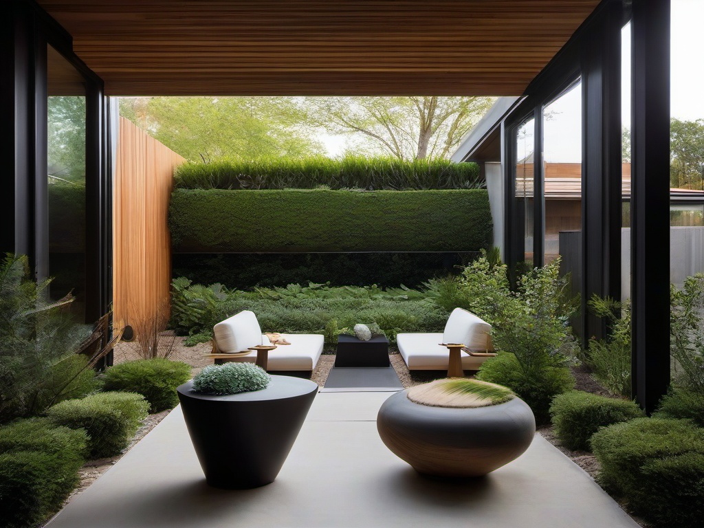 In the garden, Bauhaus interior design highlights geometric planters, clean pathways, and an integration of natural elements that create a beautiful outdoor retreat for relaxation and enjoyment.  