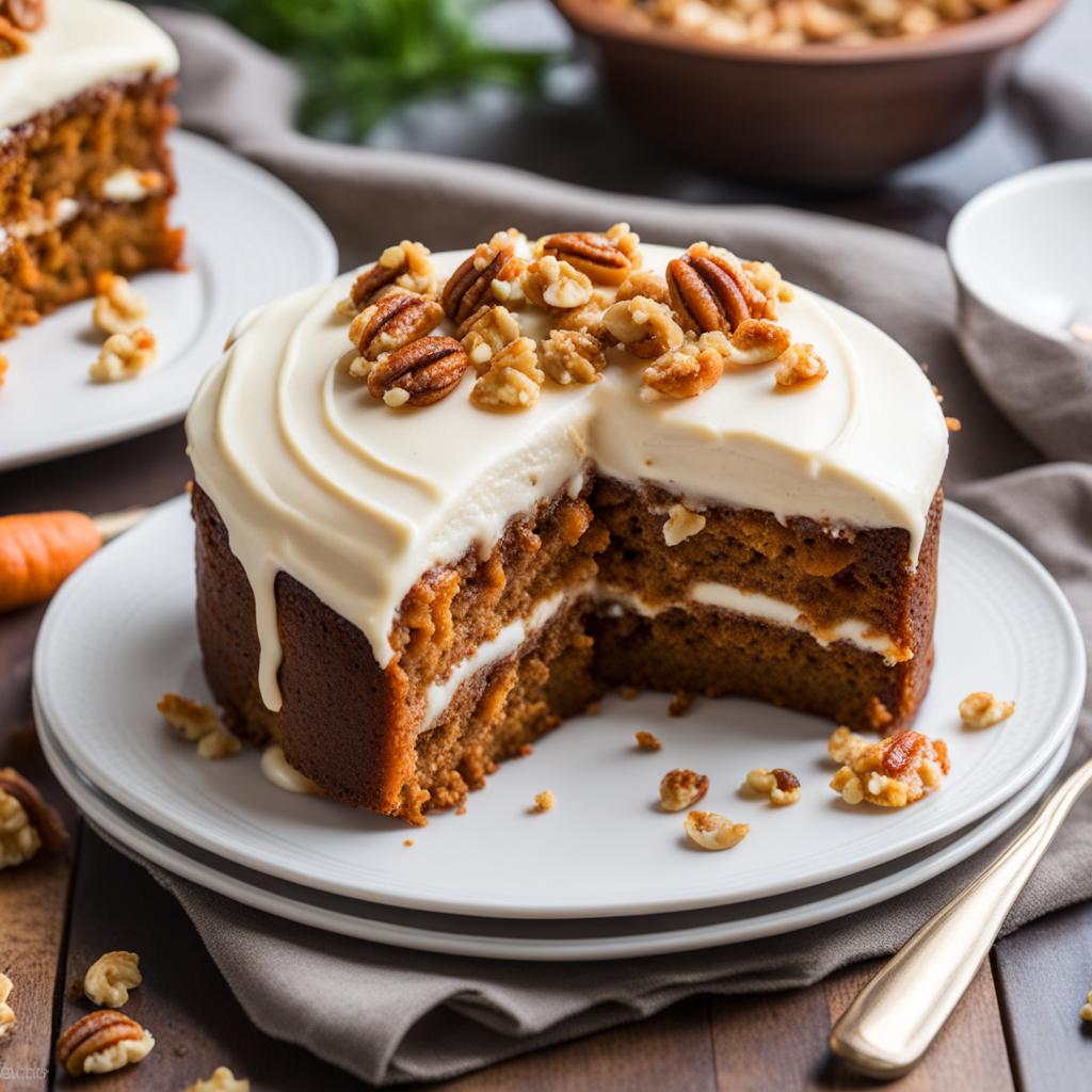 carrot cake topped with cream cheese frosting and walnuts. 