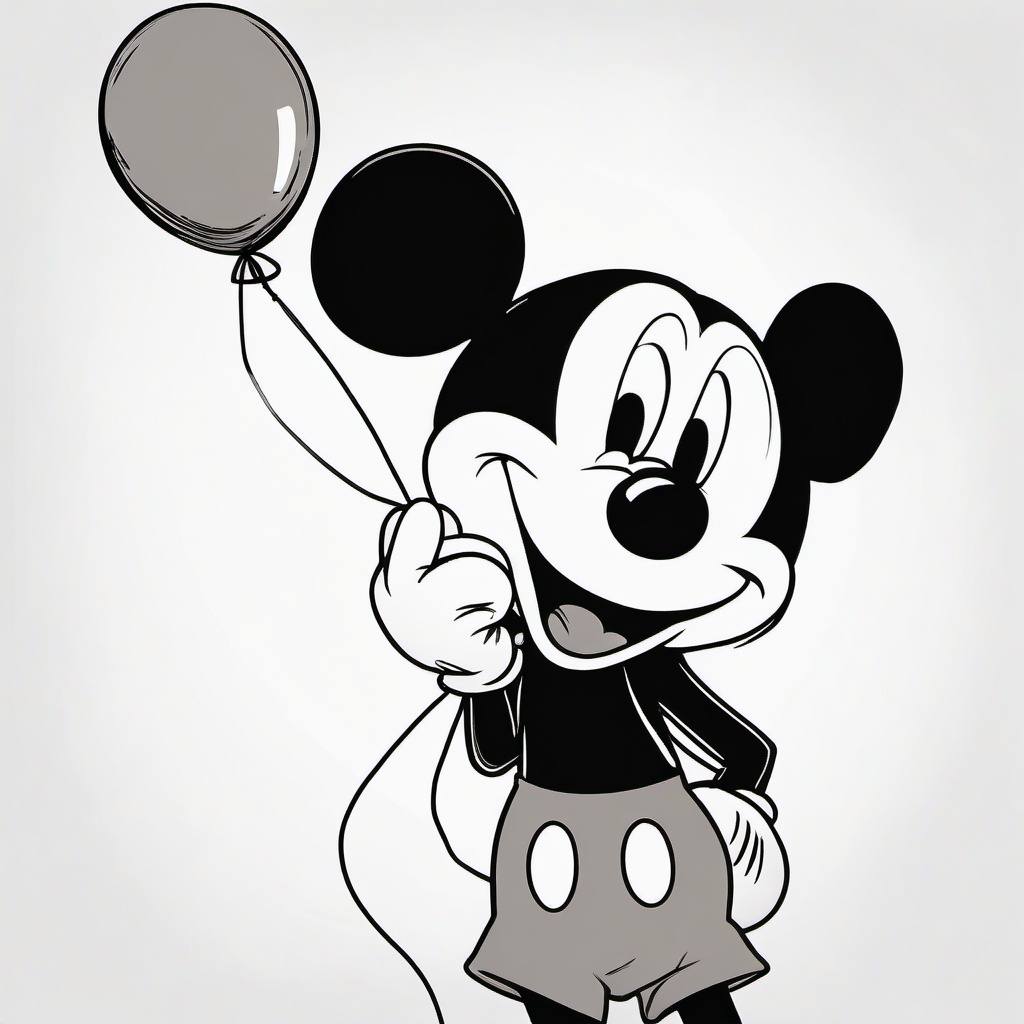 drawing of Mickey Mouse holding a balloon  minimal rough sketch scribbles,doodles,black and white