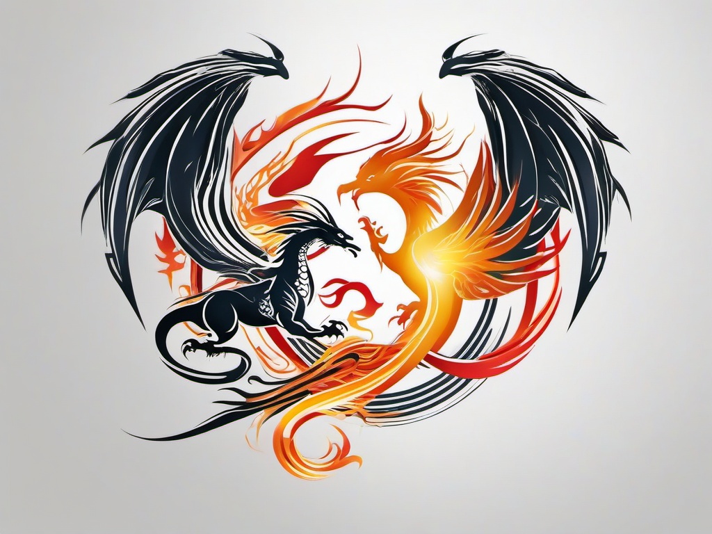 Dragon and Phoenix Tattoo Designs - Stunning designs combining dragons and phoenix.  simple color tattoo,minimalist,white background