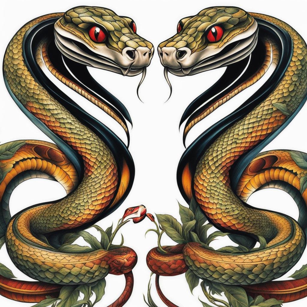 2 headed snake tattoo, Tattoos featuring snakes with two heads, symbolizing duality and transformation. colors, tattoo patterns, clean white background