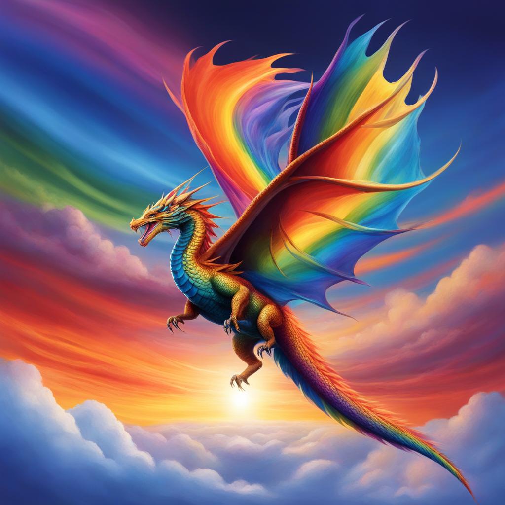 rainbow dragon soaring through a sky ablaze with a vivid spectrum of colors, its every movement creating a rainbow trail. 