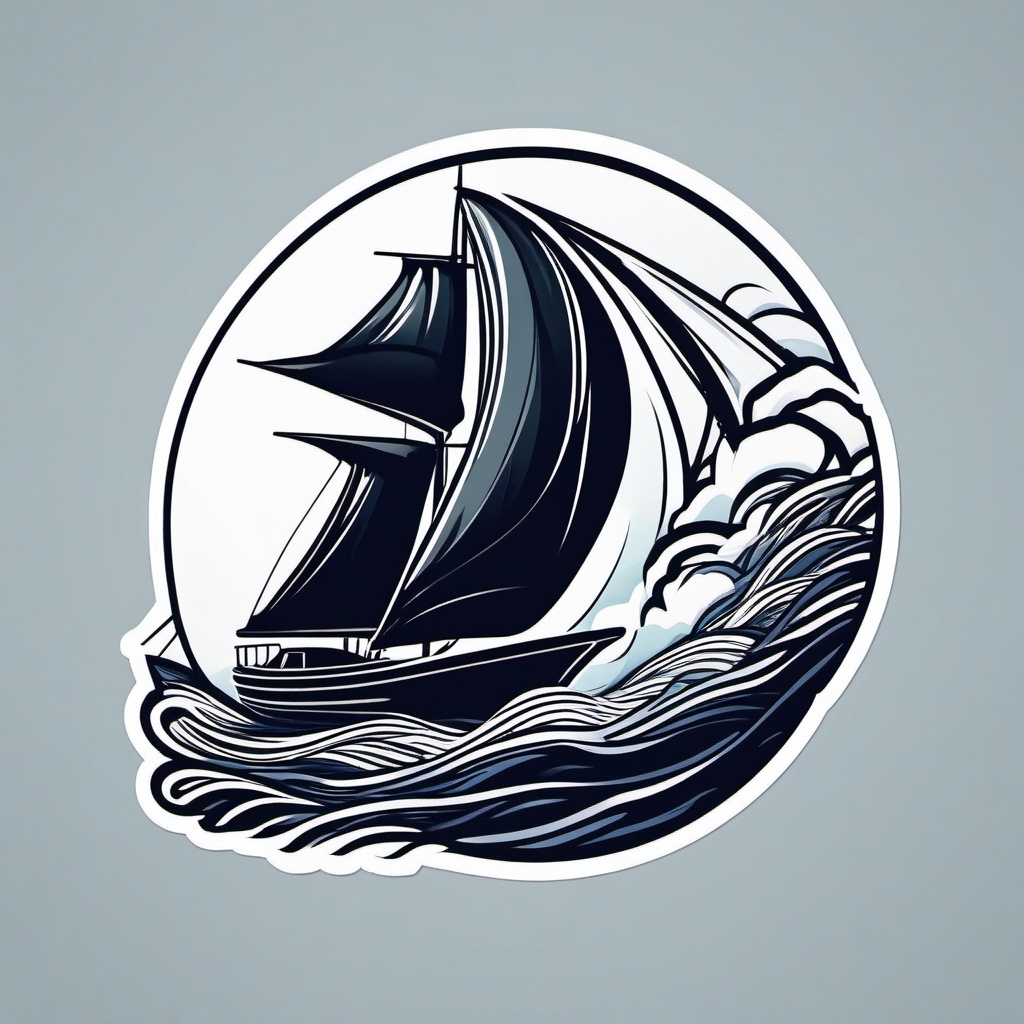 Sailboat in Waves Sticker - Sailboat navigating ocean waves, ,vector color sticker art,minimal