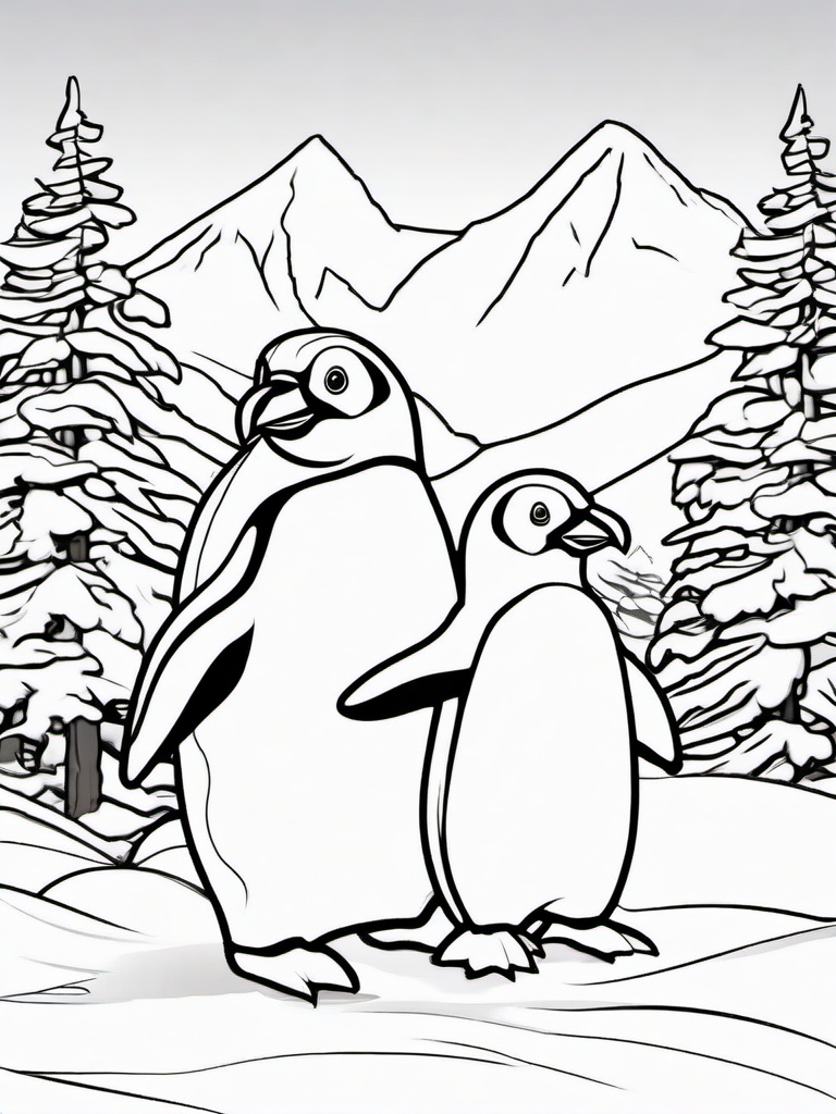 Penguin Coloring Pages - Penguin in a snowball fight with friends  simple coloring pages