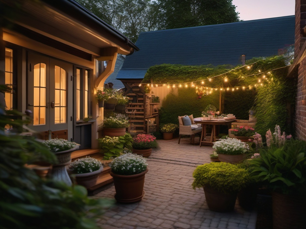 Cozy Cottage Courtyard - Transform your garden into a cozy cottage-style courtyard. realistic, professional photography, bokeh, natural lighting, canon lens, shot on dslr 64 megapixels sharp focus