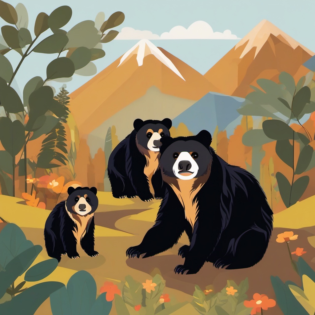 Spectacled Bear Family Clip Art - Family of spectacled bears in the Andes,  color vector clipart, minimal style