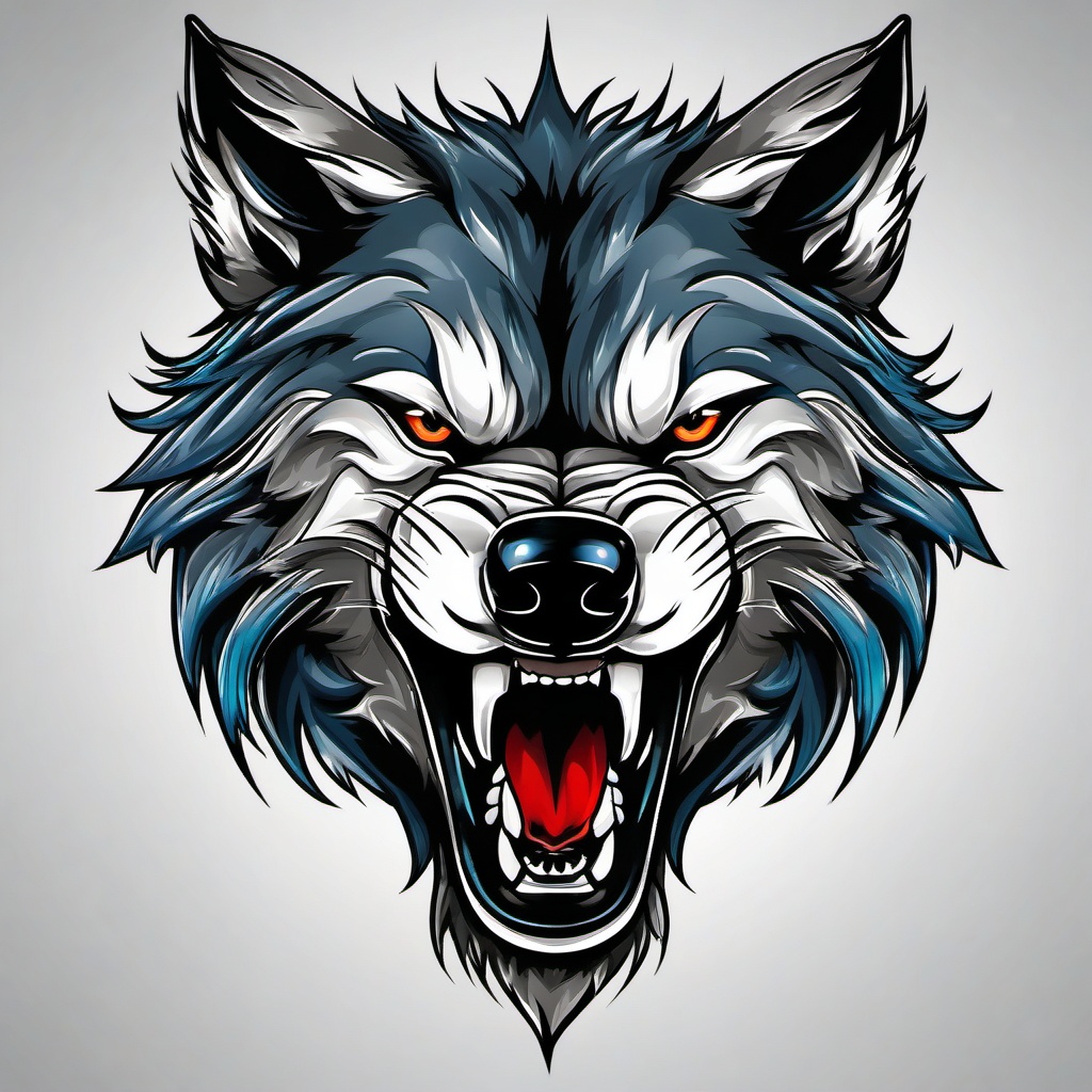 Growling Wolf Tattoo,ferocious wolf caught mid-growl, emblem of raw and untamed power. , color tattoo design, white clean background