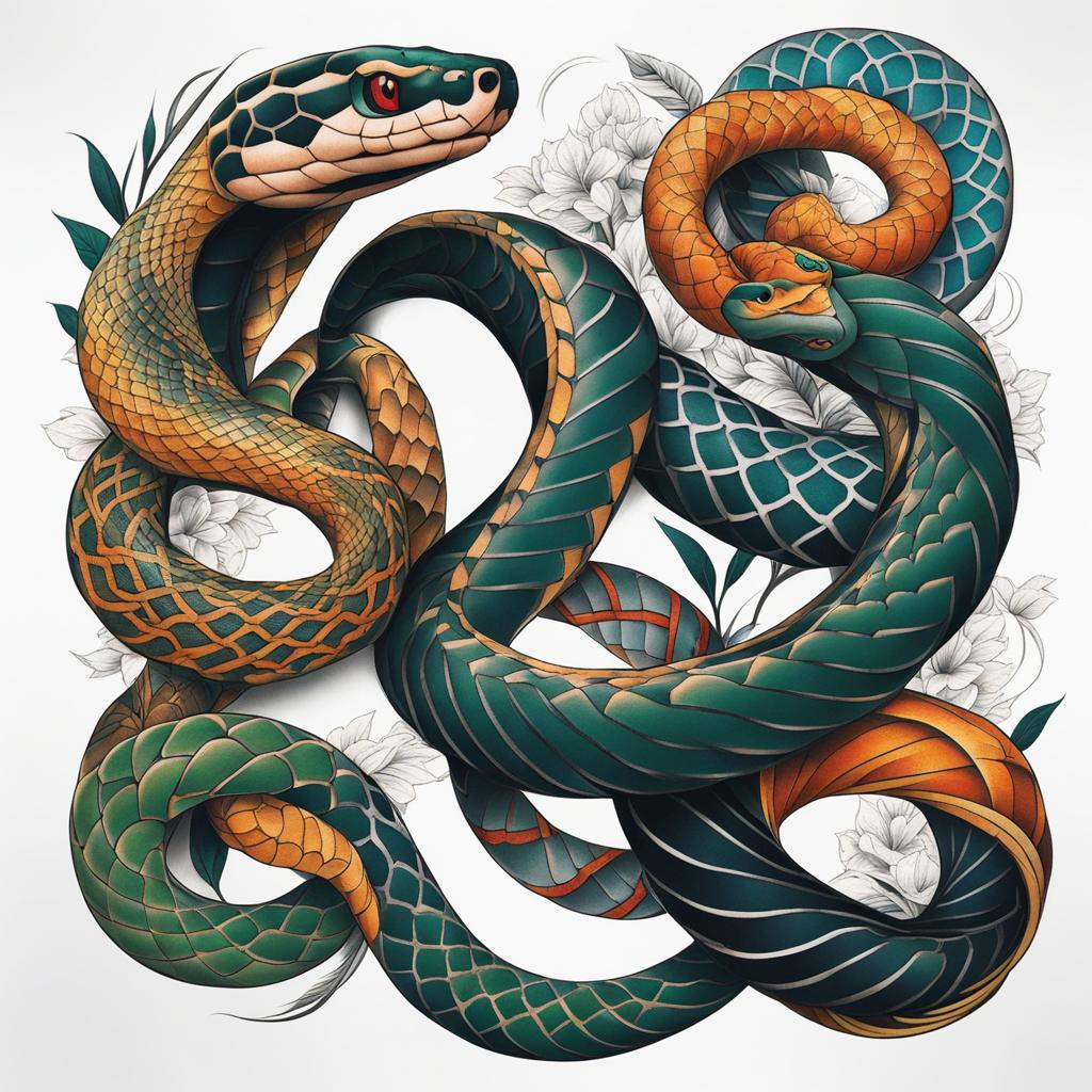 Snake around arm tattoo, Tattoos featuring snakes coiled around the arm. colors, tattoo patterns, clean white background