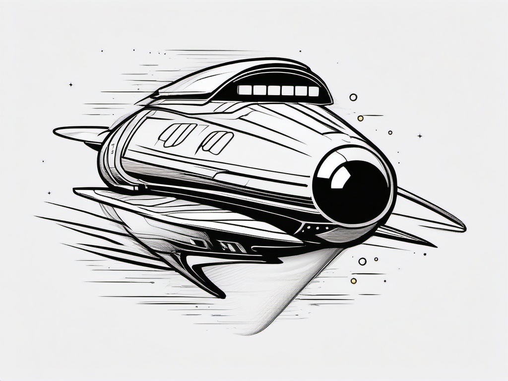 Spaceship Tattoo - A sleek spaceship tattoo embarking on a journey  few color tattoo design, simple line art, design clean white background