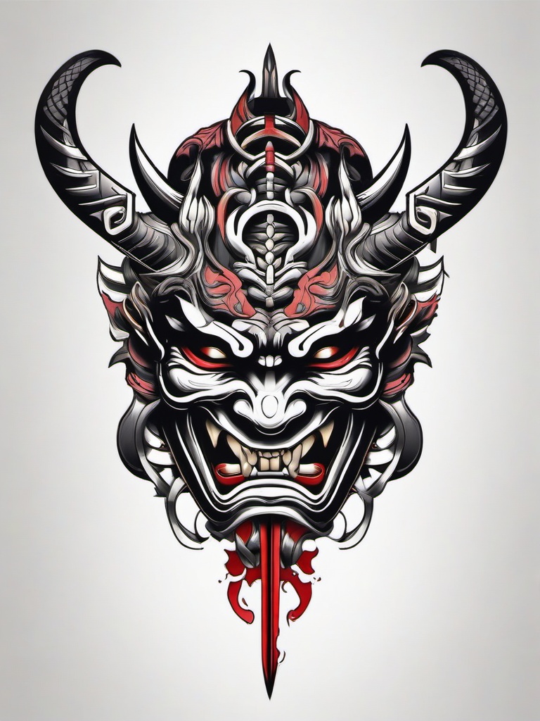 Oni Mask with Sword Tattoo - Features the Oni mask alongside a traditional Japanese sword in tattoo design.  simple color tattoo,white background,minimal