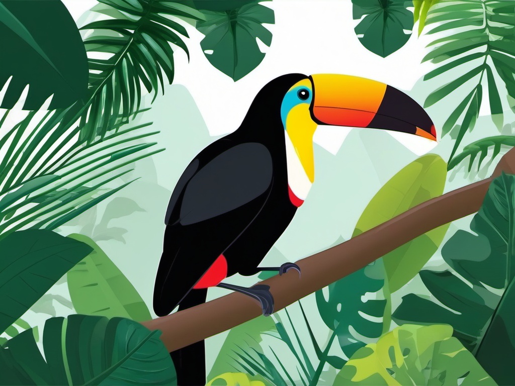 Toucan Clipart - Toucan sitting in a tropical rainforest canopy , minimal, 2d