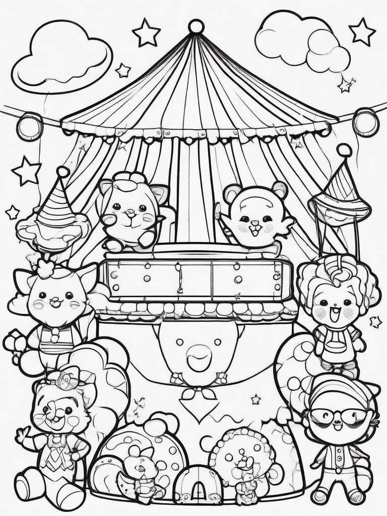 Kawaii Circus Coloring Pages - Happy Circus Characters Having a Blast  minimal black outline printable sheet, coloring page