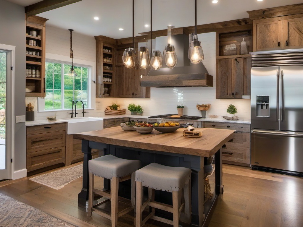 Farmhouse kitchen embraces a balance of rustic charm and modern convenience with custom shaker cabinets, a reclaimed wood dining table, and a professional-grade range for gourmet cooking.  