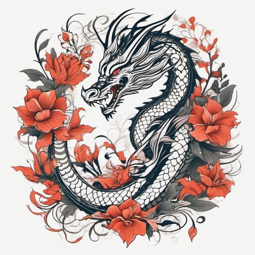 Floral Dragon Tattoo - Dragon tattoo surrounded by floral elements.  simple color tattoo,minimalist,white background