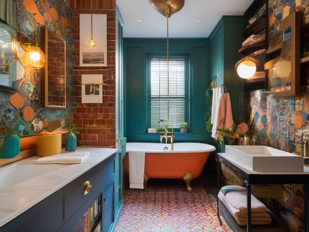 Eclectic small bathroom combines unique fixtures, colorful tiles, and various decor styles, making it a lively and personalized space despite its size.  