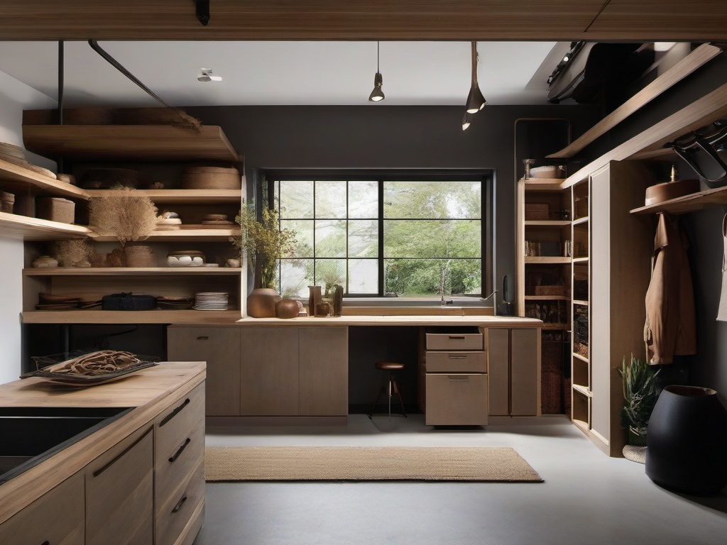 The garage features Wabi Sabi interior design with practical storage solutions, earthy textures, and a functional layout that makes the space both organized and visually appealing.  