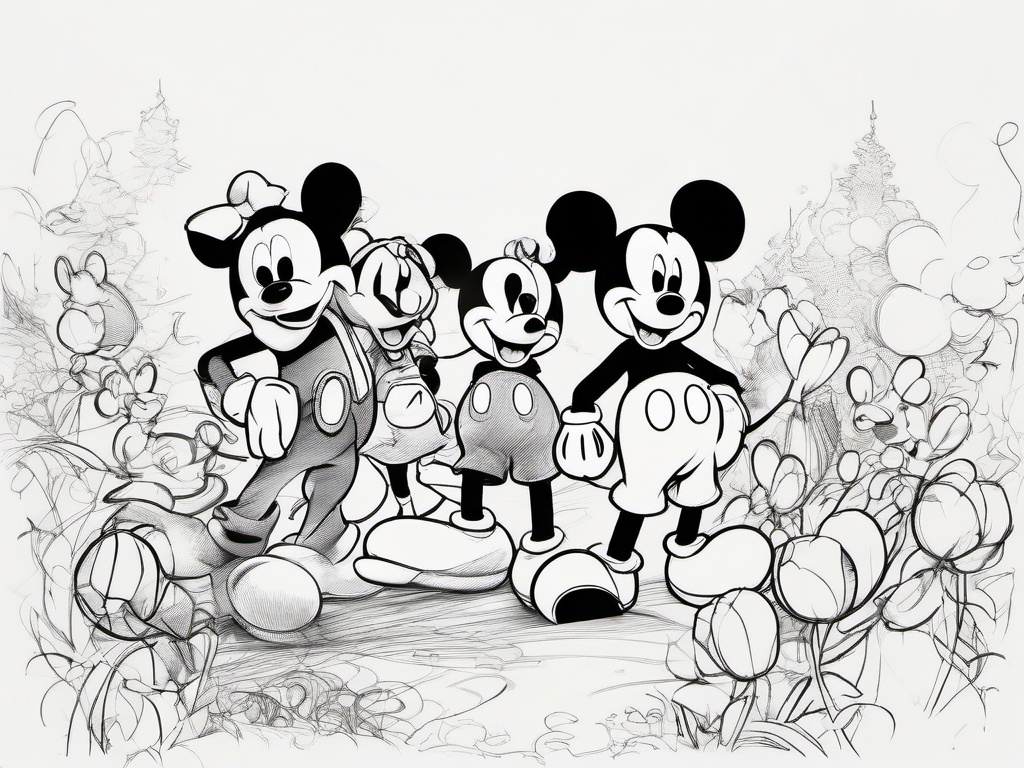 drawing of Mickey Mouse with his friends  minimal rough sketch scribbles,doodles,black and white