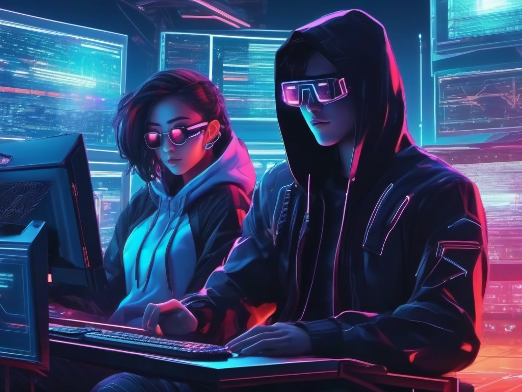 Futuristic cyber-hacker and tech-savvy hacker friend, in a digital realm, infiltrating virtual systems and unlocking hidden secrets, as a matching pfp for friends. wide shot, cool anime color style