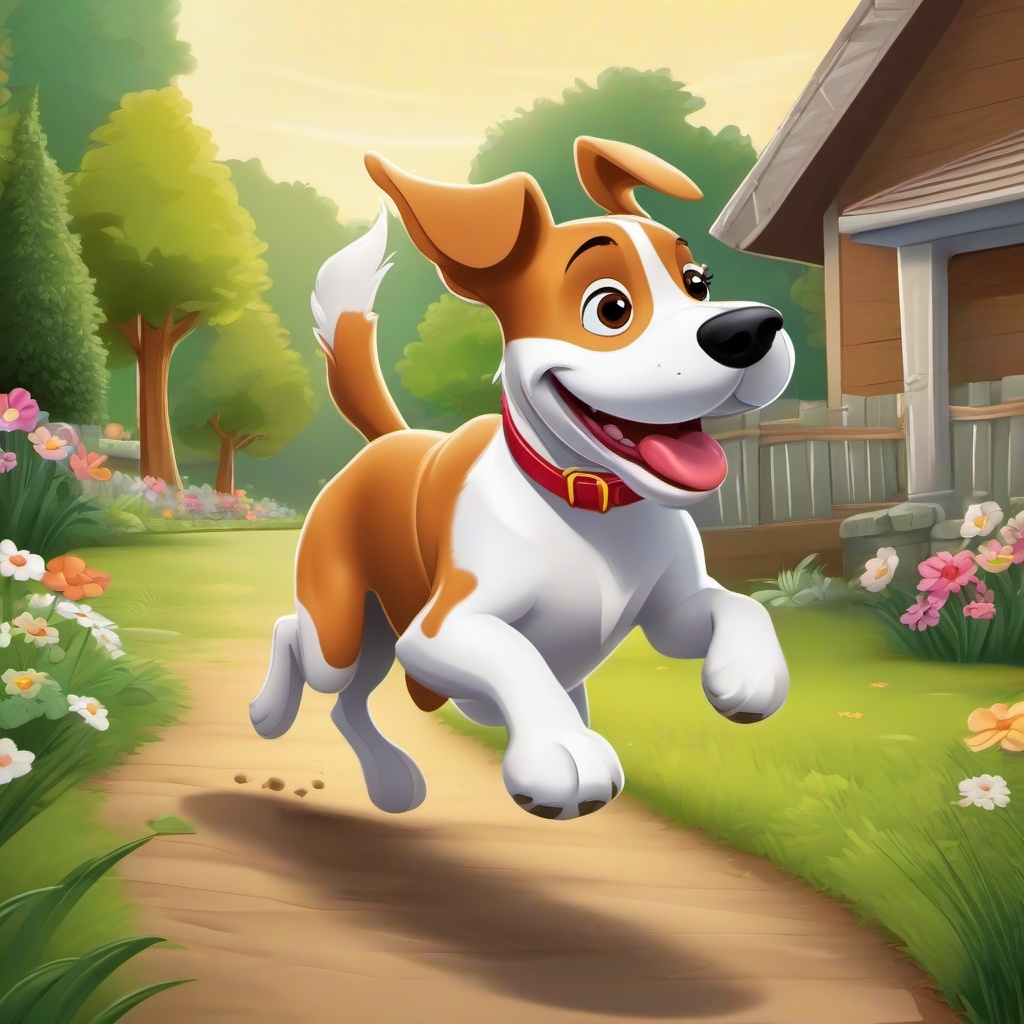 Dog cartoon - Dog running happily through a backyard  