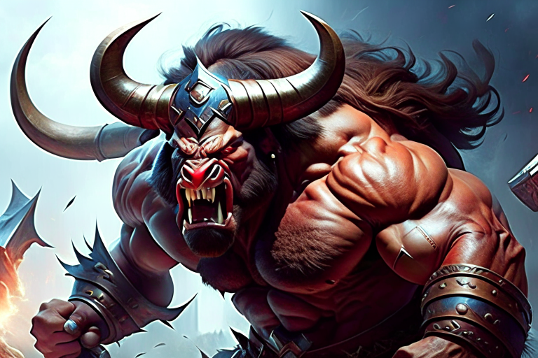 minotaur barbarian, charging into battle with horns and brute strength. 