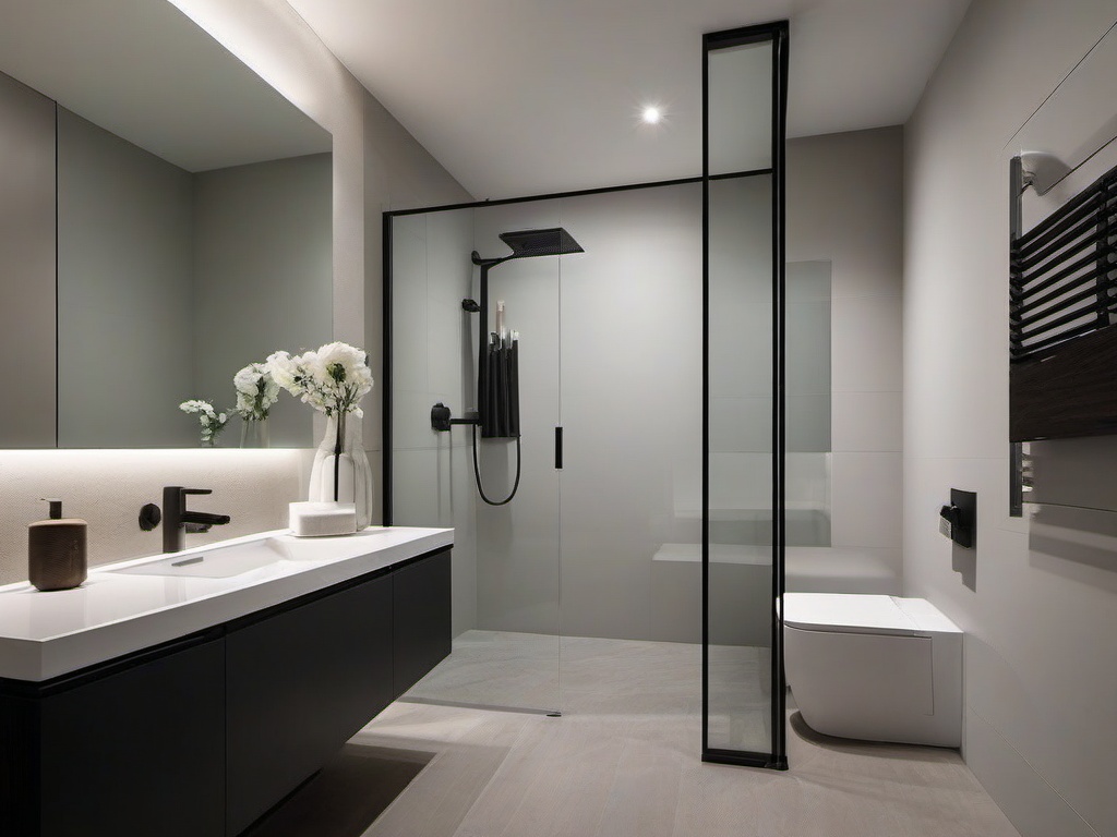 Modern small bathroom features a sleek, compact vanity, a glass shower enclosure, and minimalist decor that maximizes space and functionality.  