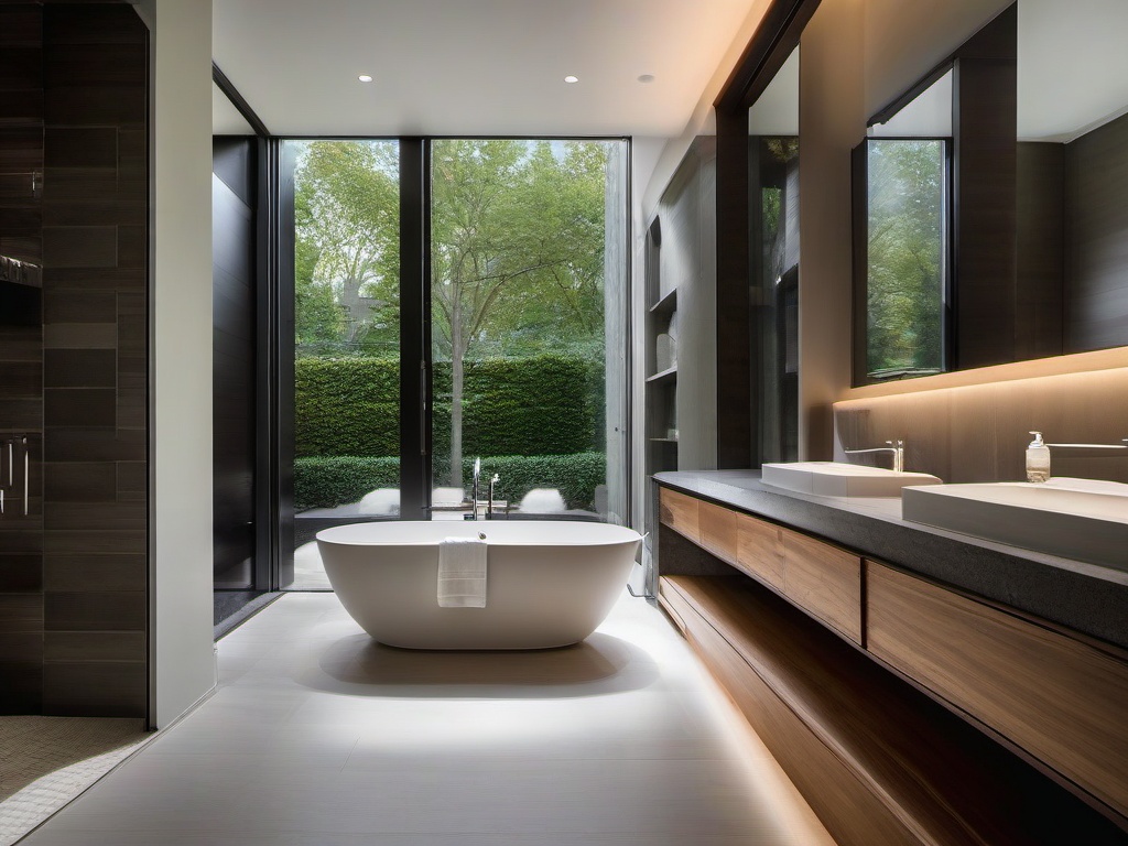 A master bathroom with Bauhaus interior design incorporates a modern soaking tub, minimalist fixtures, and elegant lighting that transform the space into a luxurious and calming retreat.  