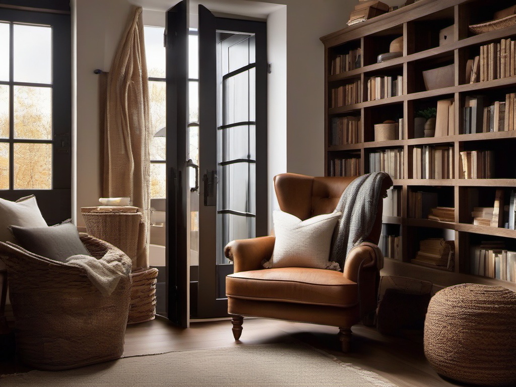 In the reading nook, rustic interior design highlights a cozy armchair, warm textiles, and rustic decor that create a perfect space for enjoying books and reflection.  