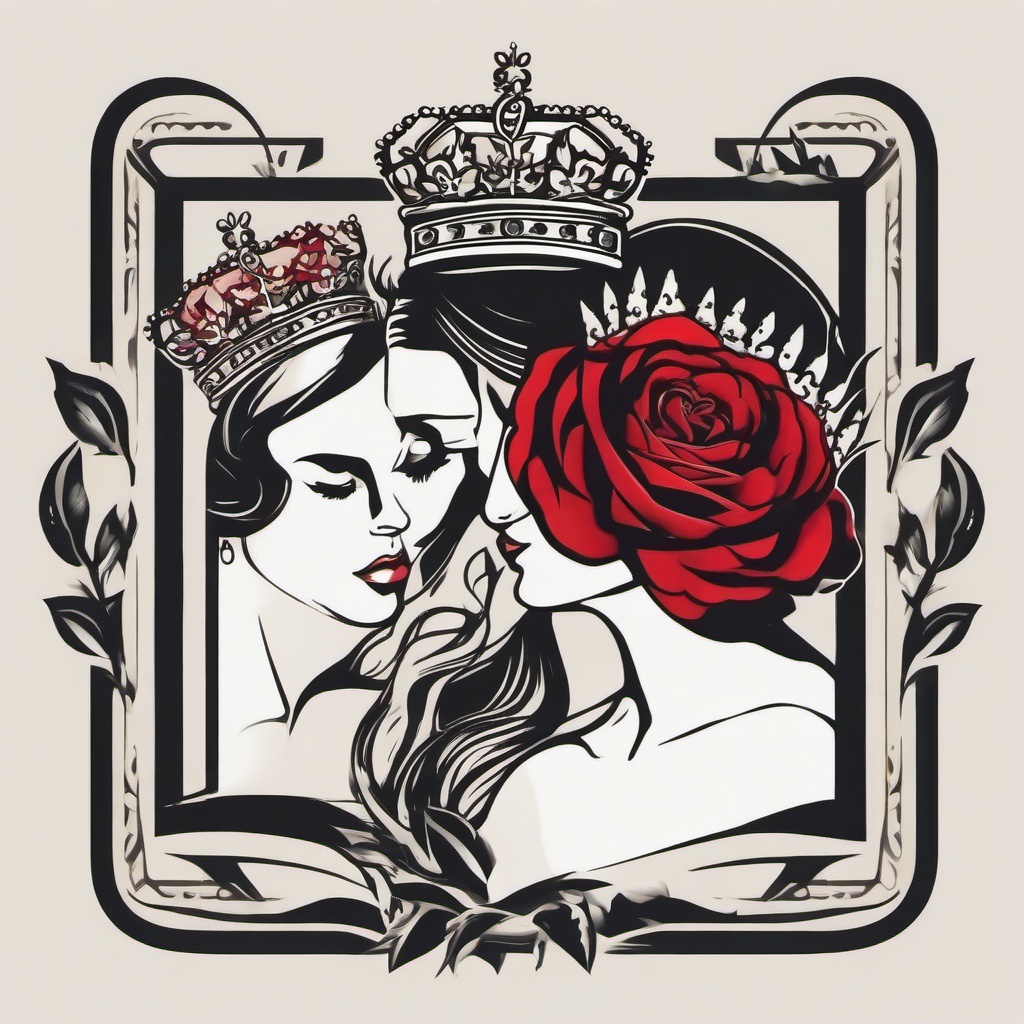 His King Her Queen Tattoo - An ode to royal romance.  minimalist color tattoo, vector