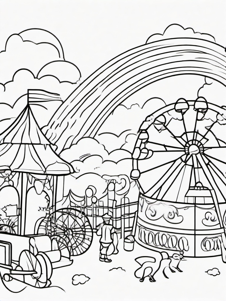 Rainbow Coloring Page - Rainbow over a playful carnival scene.  easy,simple,minimal,coloring pages,black and white outline