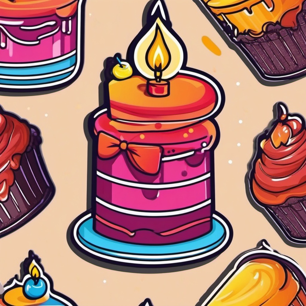 Cake with Candle Sticker - Cake adorned with a lit birthday candle, ,vector color sticker art,minimal