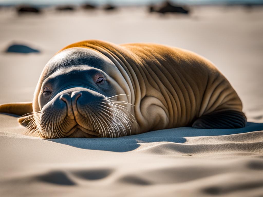 chubby baby walrus pup with wrinkled skin, napping on a beach. 