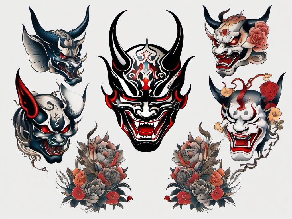 Hannya Tattoos - Various tattoo designs featuring the iconic Hannya mask, known for its expressive and emotive features.  simple color tattoo,white background,minimal