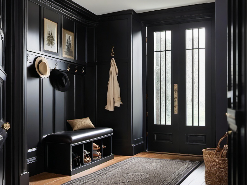 A mudroom designed with Gothic interior design includes ornate hooks, dark storage solutions, and vintage touches that merge practicality with historical elegance.  