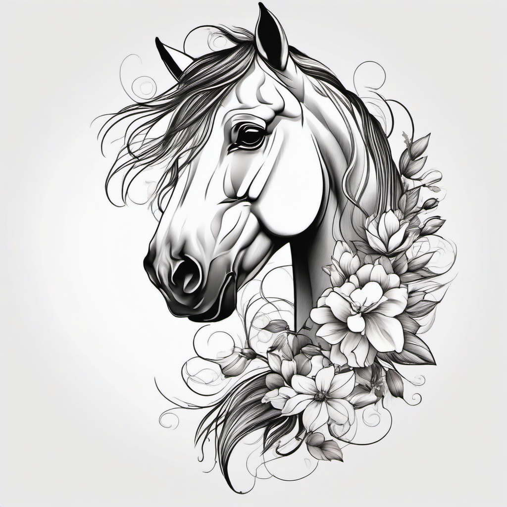 horse tattoo with flowers  simple tattoo,minimalist,white background