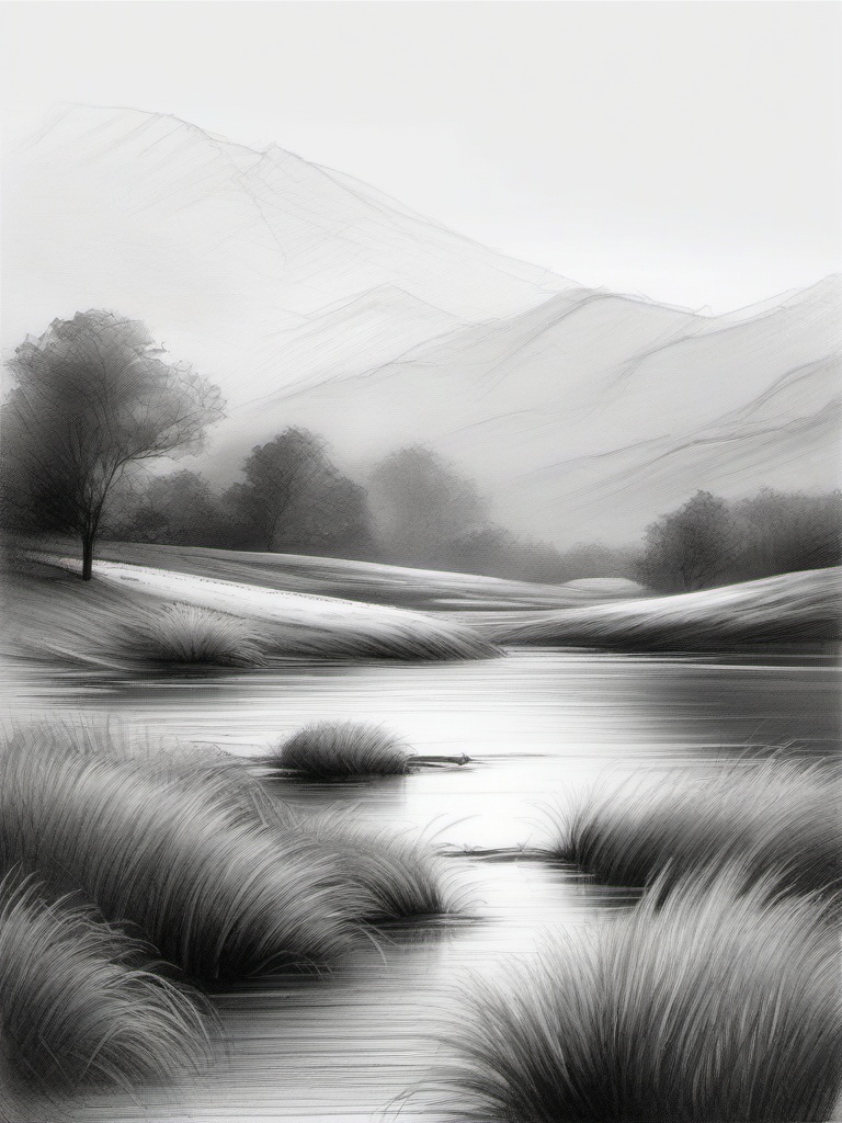 pencil sketch of landscape  minimal rough sketch scribbles,doodles,black and white