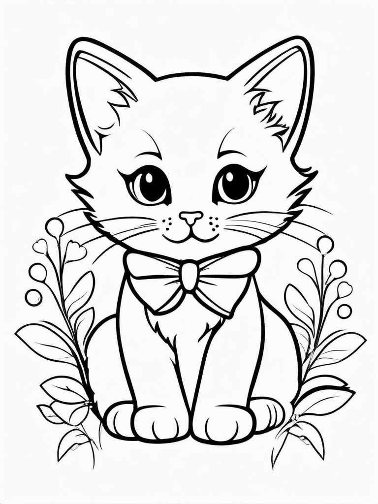 Kitty with a Bow and Hearts Coloring Pages - Kitten Surrounded by Love  minimal black outline printable sheet, coloring page