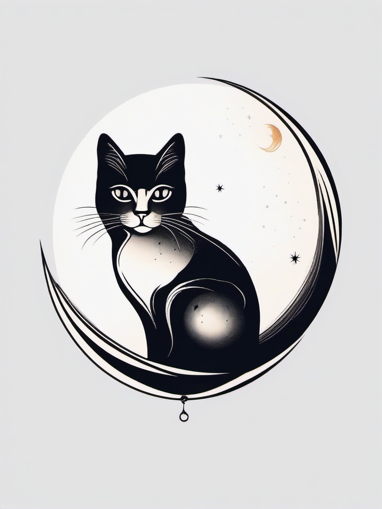 cat in the moon tattoo  minimal color tattoo, white background