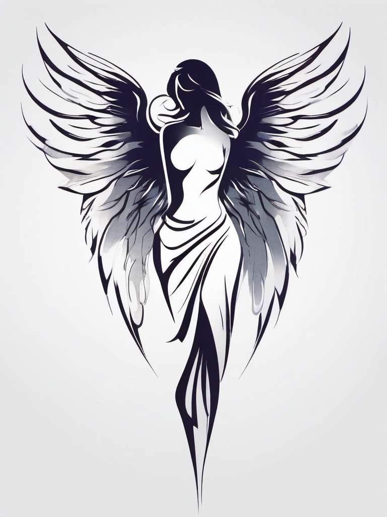 Angel Tattoo-modern and abstract interpretation of an angel, capturing the essence of divine grace. Colored tattoo designs, minimalist, white background.  color tatto style, minimalist design, white background