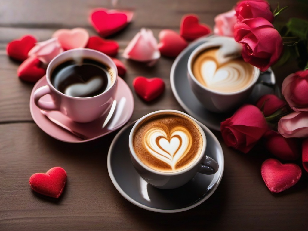 Valentines Day background - Two cups of coffee with heart-shaped latte art on a cozy table  aesthetic background wallpaper