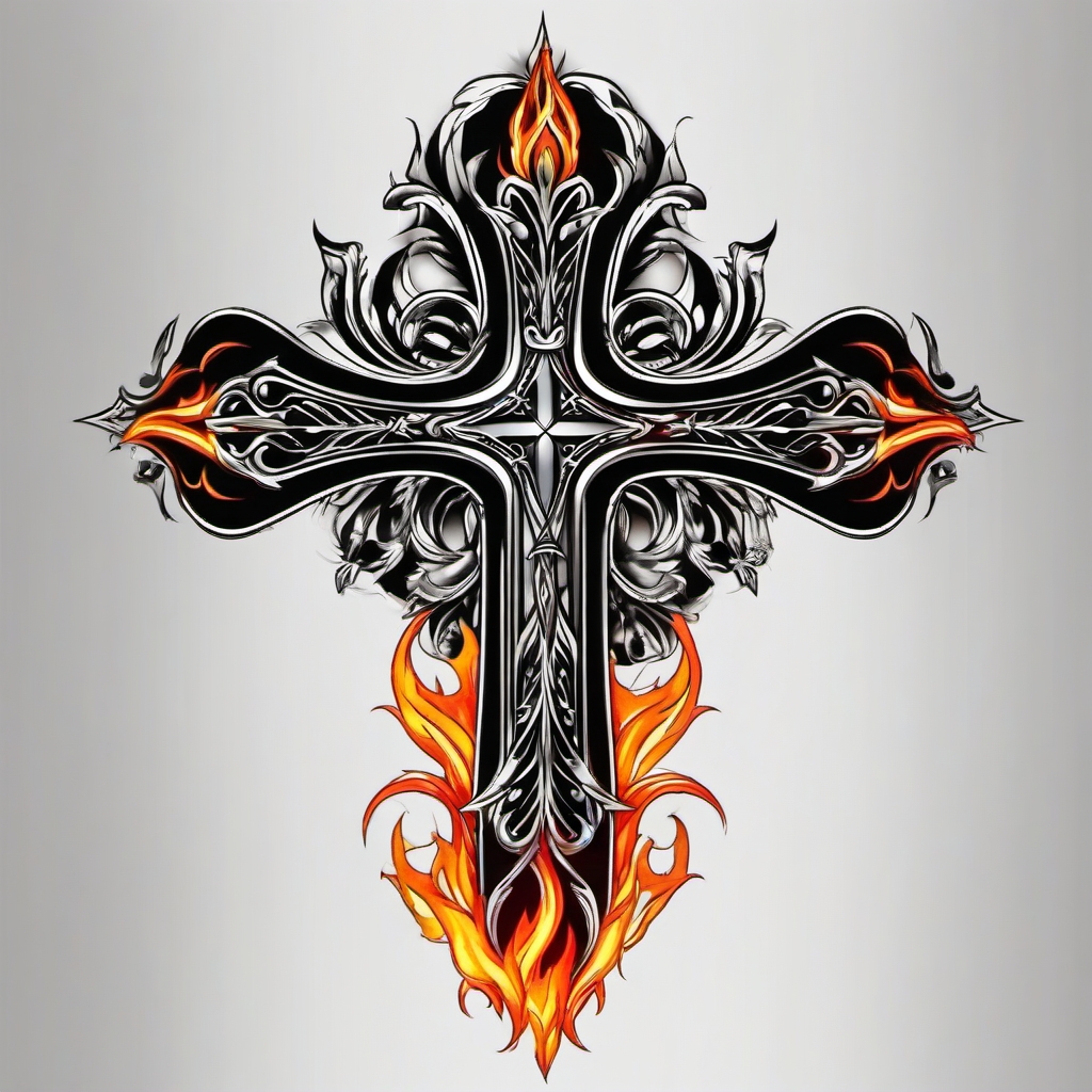 cross with fire tattoo  simple color tattoo,white background