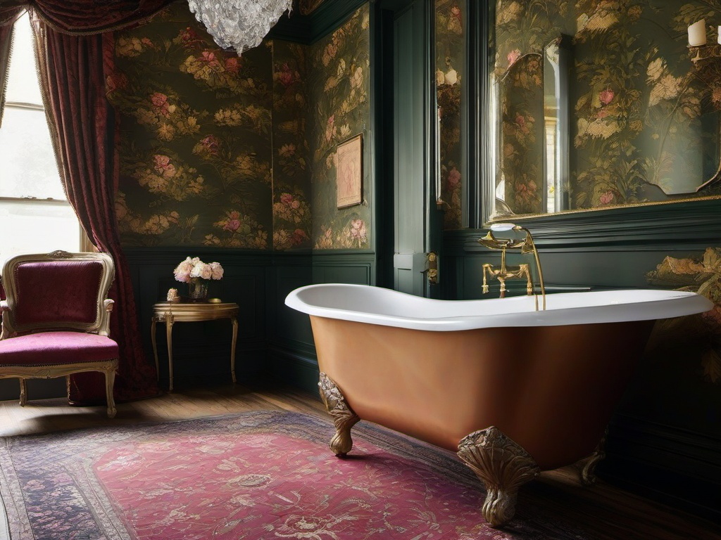 Victorian-inspired bathroom with a clawfoot tub and rich wallpaper.  