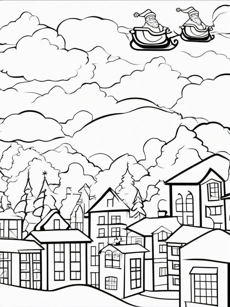 Santa Flying Over Town Coloring Pages - Santa and His Sleigh Soaring Above  minimal black outline printable sheet, coloring page