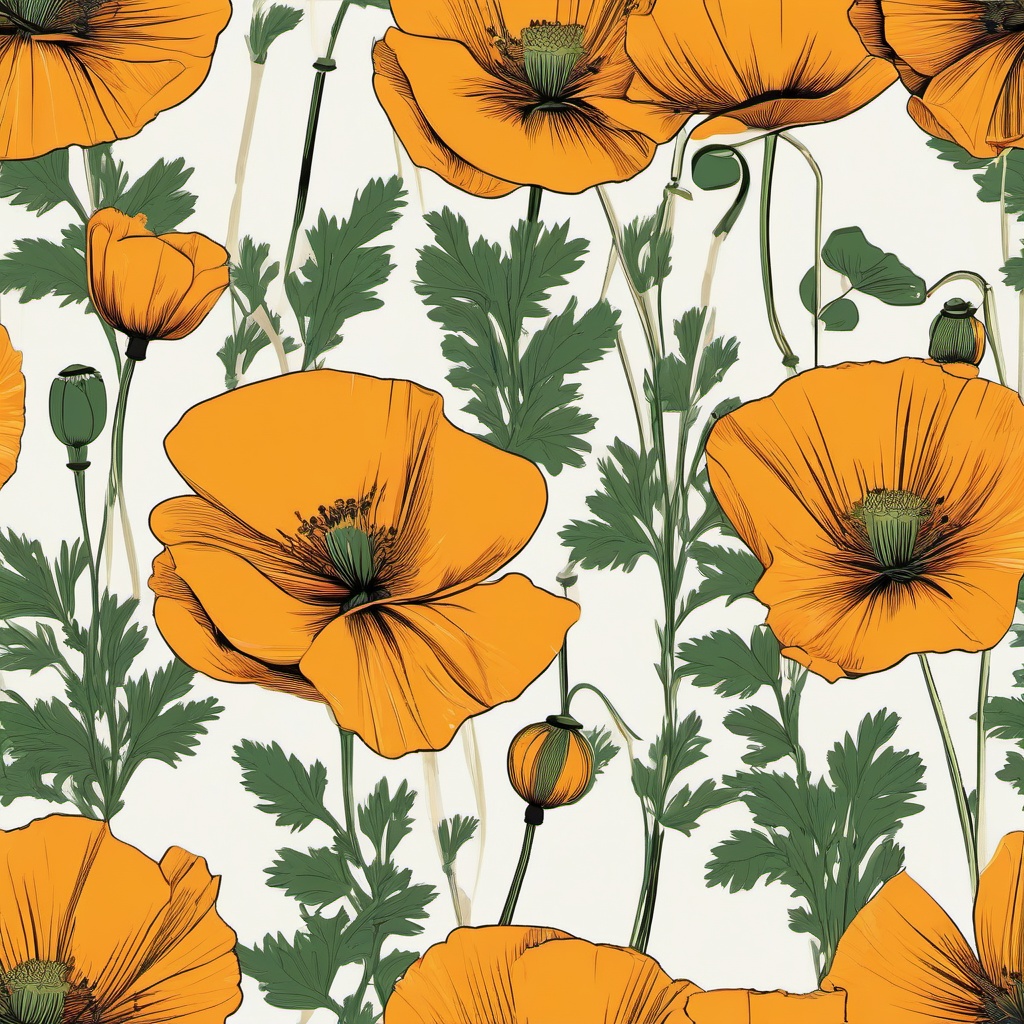 Golden Poppy Clip Art - California's golden poppy in full bloom,  color vector clipart, minimal style