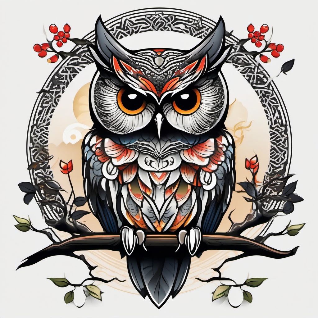 Japanese Tattoo Owl - Blend traditional Japanese elements with the charm of owls in a tattoo.  simple color tattoo,vector style,white background