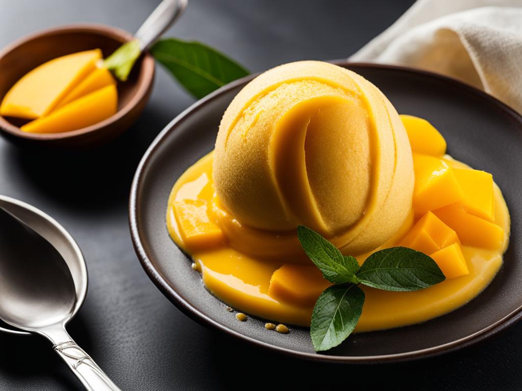 a scoop of creamy mango sorbet, bursting with the tropical sweetness of ripe mangoes. 