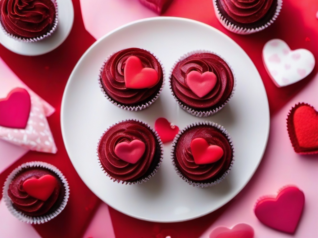 Valentines Day background - Red velvet cupcakes with heart sprinkles on a white plate  aesthetic background wallpaper