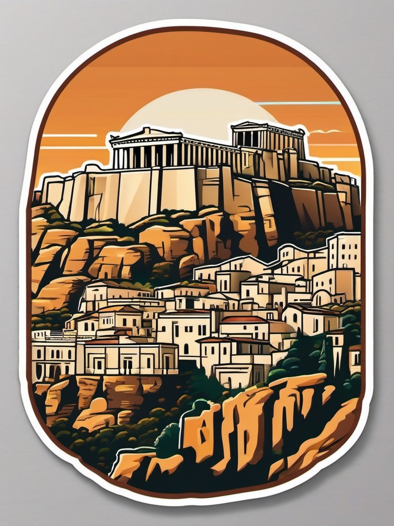 Acropolis sticker- Historic citadel overlooking Athens, , sticker vector art, minimalist design