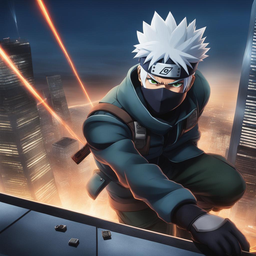 kakashi hatake - engages in a high-speed clash atop a skyscraper in a modern metropolis. 